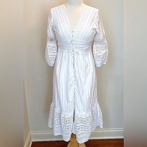 Anthropologie Ebba White Eyelet Lace Crochet Balloon Sleeves MIDI Dress Size 4